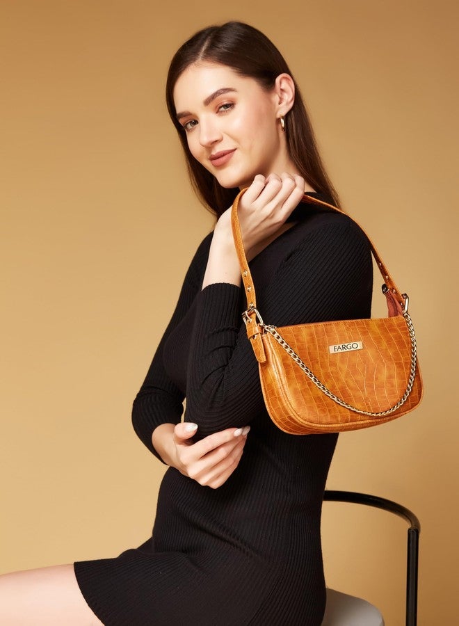 فارجو حقيبة يد نسائية من فارغو بنقشة جلد التمساح وحزام مزدوج (أصفر) - Image 2